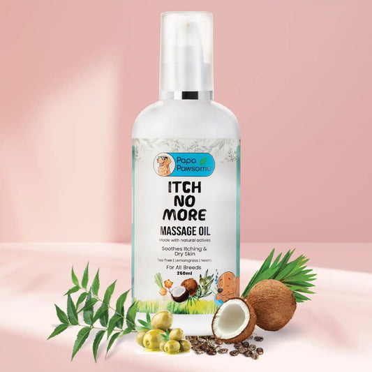 Pet oil bottle with key ingredients: Flaxseed Oil, Neem Supercritical Extracts, Olive Oil, Sesame Oil, Castor Oil, Coconut Oil, Tea Tree Essential Oil, and Lemongrass Essential Oil