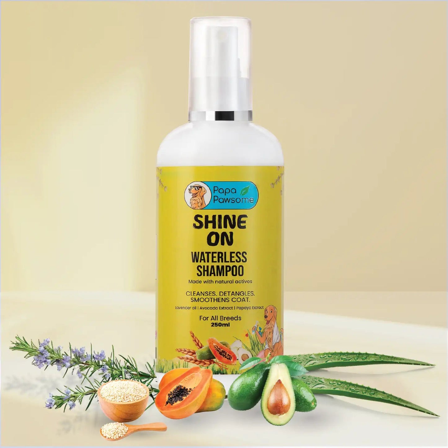 Dog waterless shampoo bottle with ingredients Oat Protein, Papaya Extract, Avocado Extract, Aloe Vera Extract, and Lavender Oil