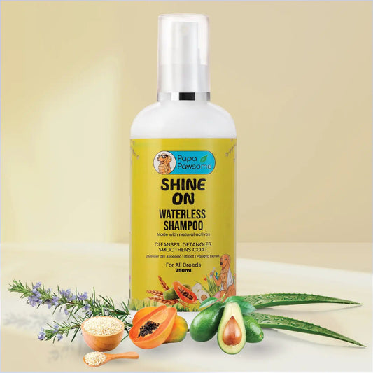 Dog waterless shampoo bottle with ingredients Oat Protein, Papaya Extract, Avocado Extract, Aloe Vera Extract, and Lavender Oil