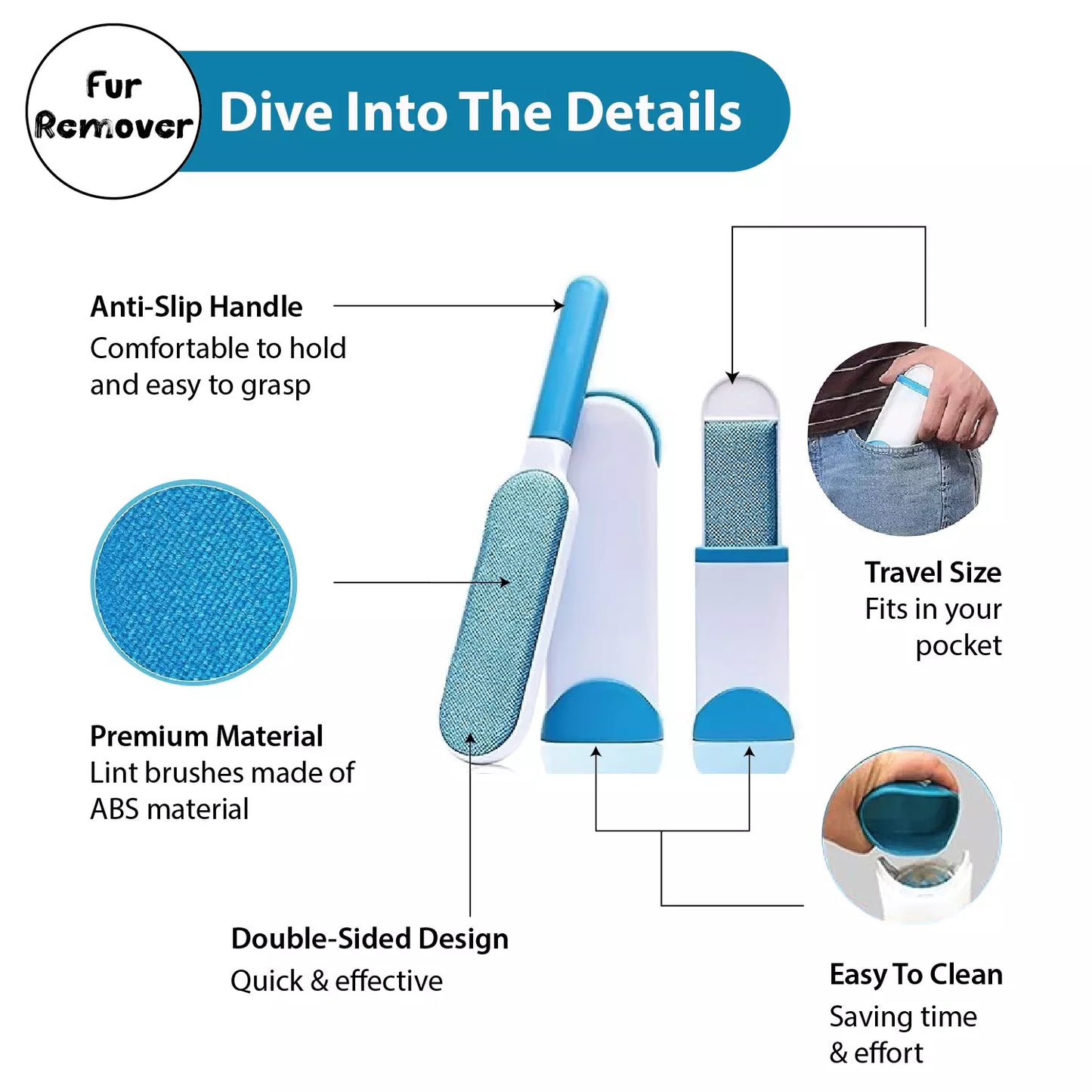 Surface Pet Hair / Fur Remover - Self-Cleaning Lint Brush