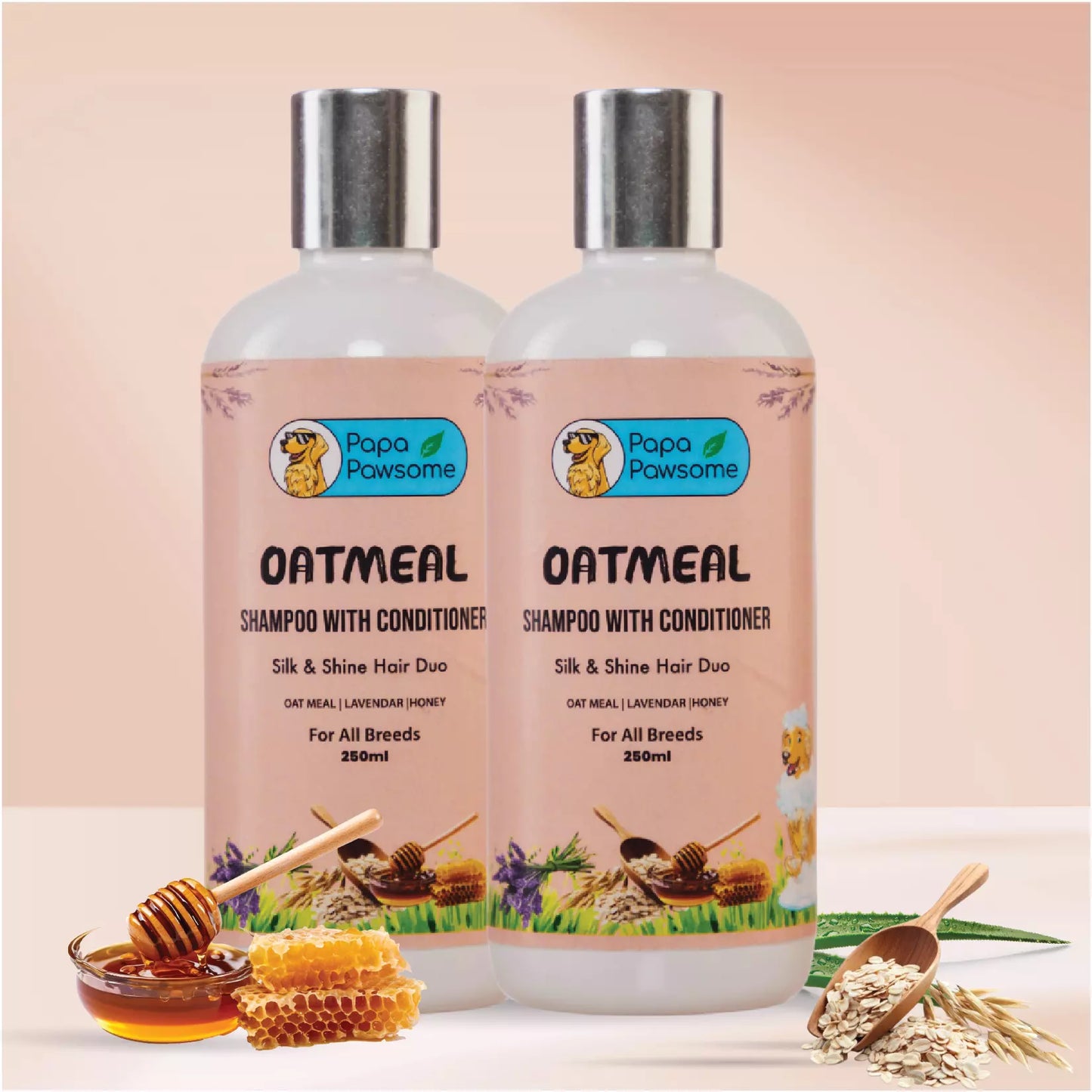 Oatmeal Shampoo with Conditioner for Dog, 250 ml (PACK OF 2)  + Free Palm Brush