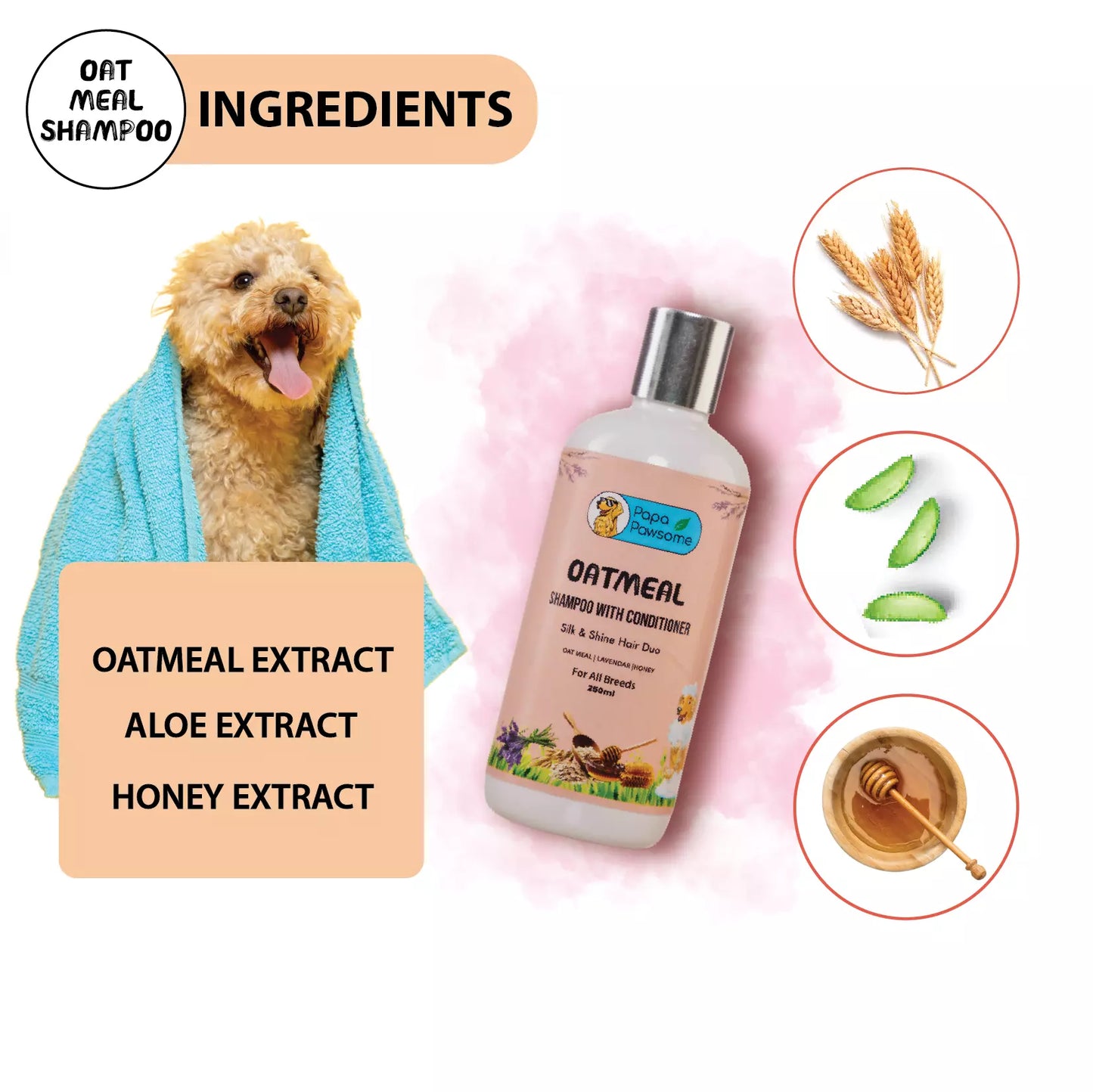 Oatmeal Shampoo with Conditioner for Dog, 250 ml (PACK OF 2)  + Free Palm Brush