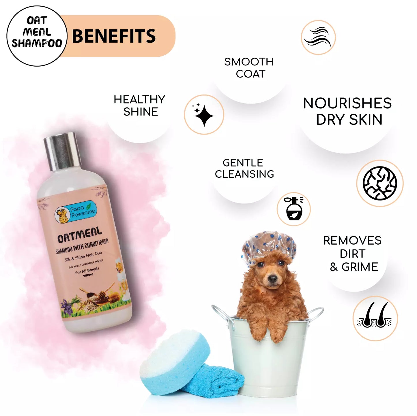 Oatmeal Shampoo with Conditioner for Dog, 250 ml (PACK OF 2)  + Free Palm Brush