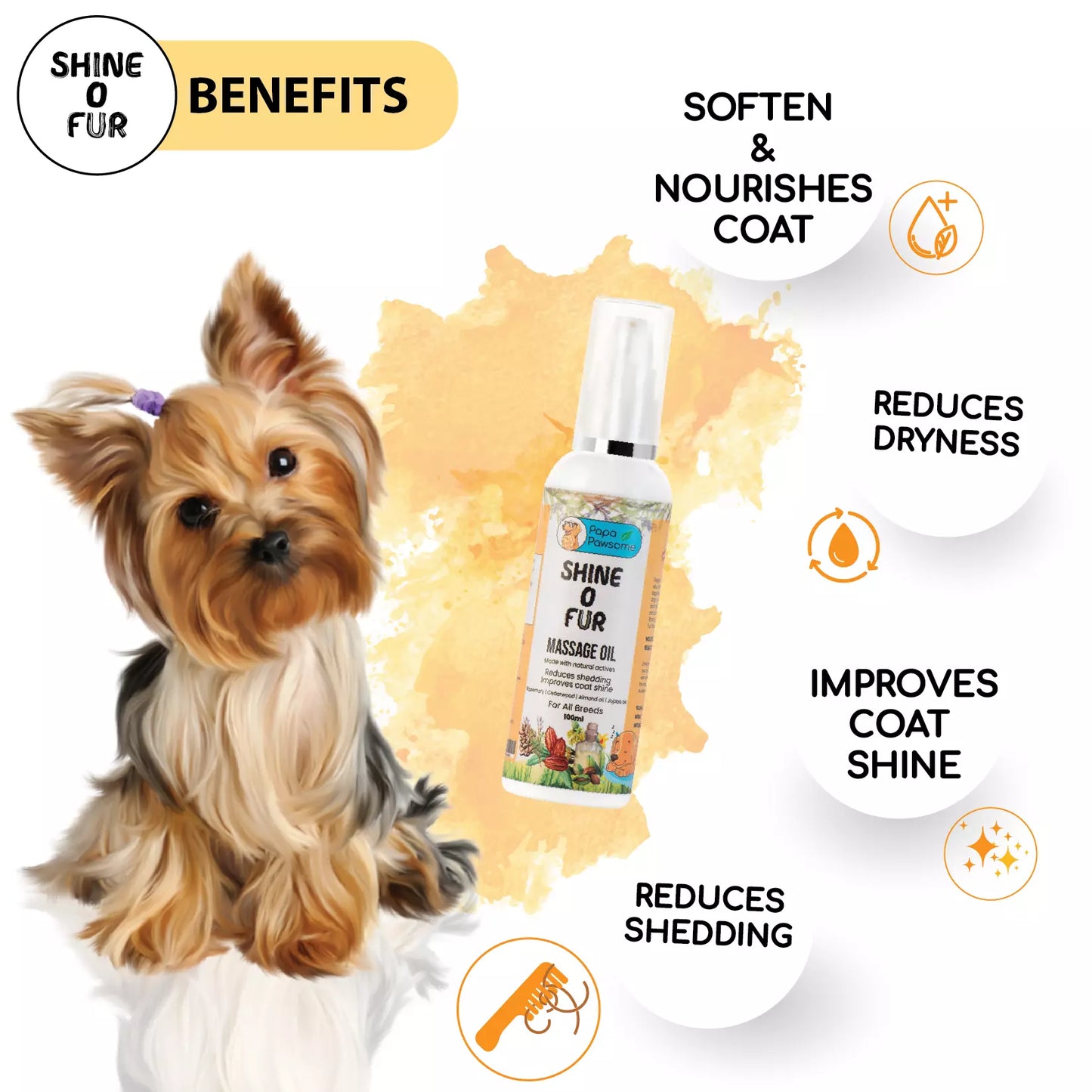 Benefits of our dog coat oil: Softens & nourishes coat, reduces dryness, enhances shine, and minimizes shedding.
