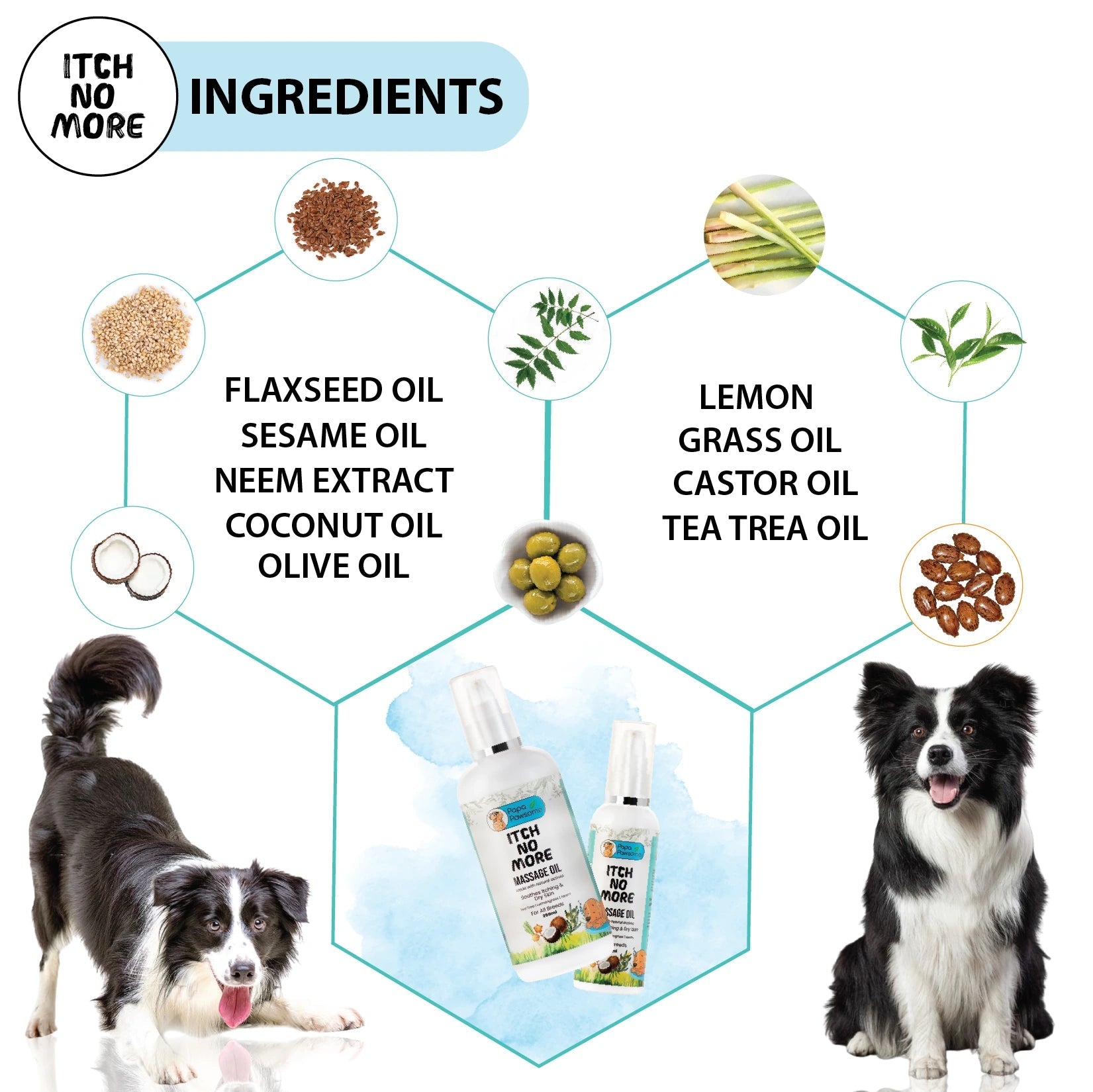 Close-up of pet oil ingredients: Flaxseed Oil, Neem Supercritical Extracts, Olive Oil, Sesame Oil, Castor Oil, Coconut Oil, Tea Tree Essential Oil, Lemongrass Essential Oil.