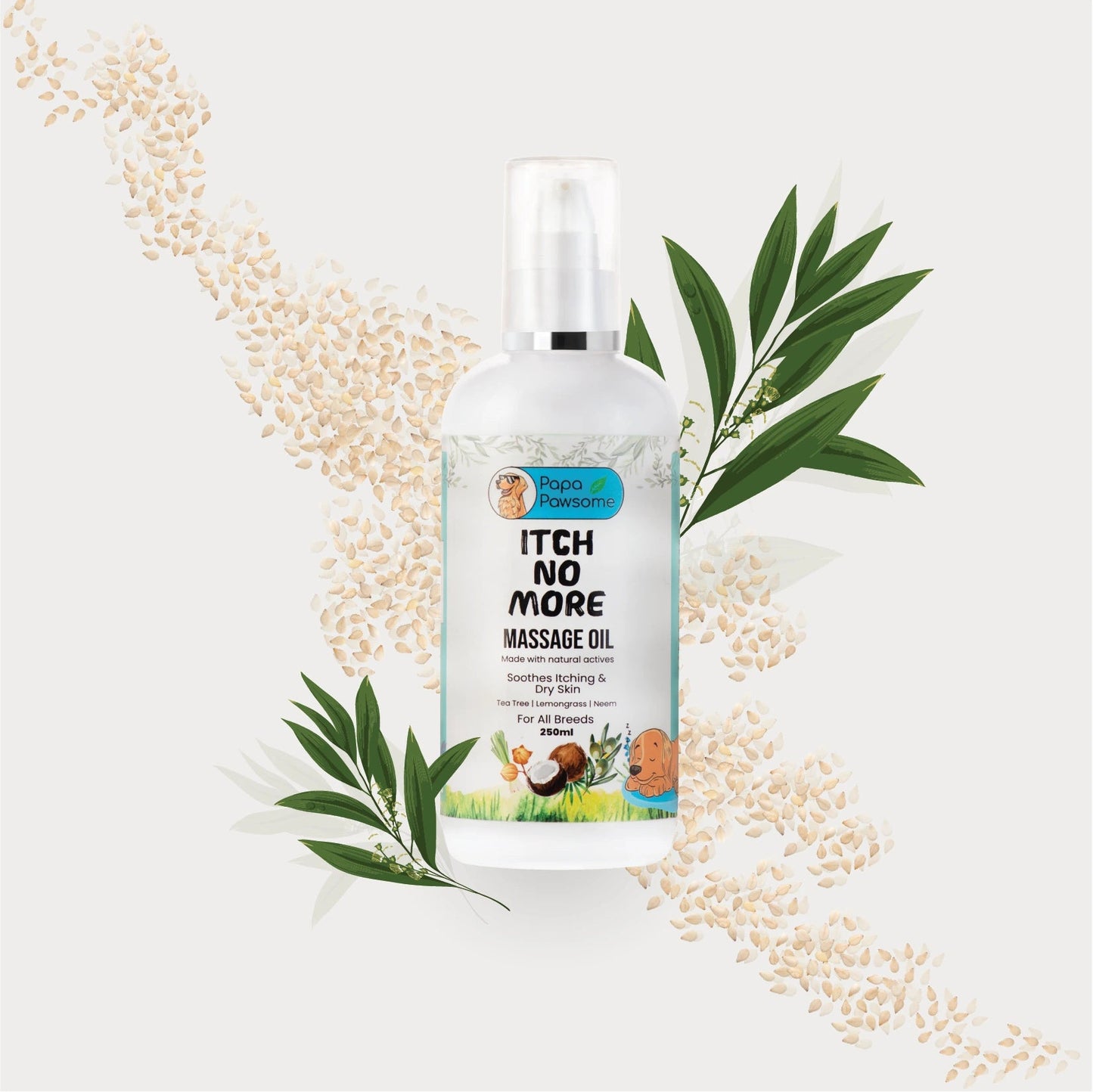 Pet oil bottle showcasing all ingredients: Flaxseed Oil, Neem Supercritical Extracts, Olive Oil, Sesame Oil, Castor Oil, Coconut Oil, Tea Tree Essential Oil, and Lemongrass Essential Oil