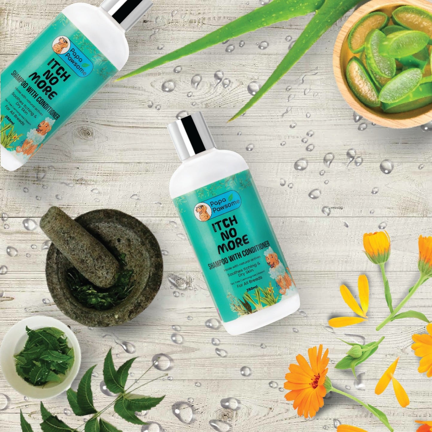 shampoo bottle with neem, Aloe Extract, Calendula Extract, Neem Supercritical Extract, Tea Tree, and lemongrass ingredients