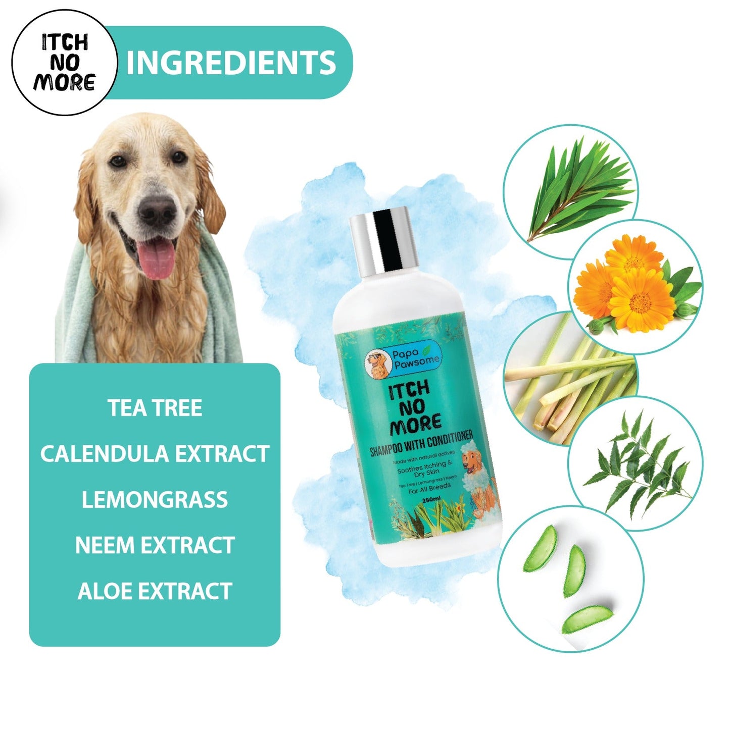 Close-up of pet shampoo ingredients: Aloe Extract, Calendula Extract, Neem Supercritical Extract, Tea Tree, and lemongrass