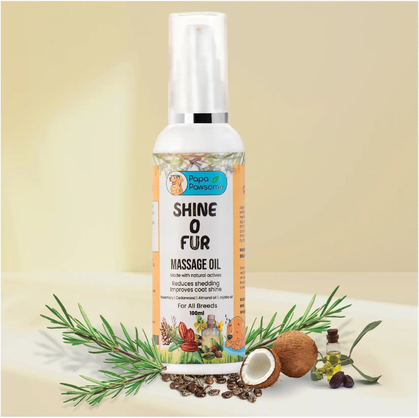 dog coat oil bottle with natural ingredients: Flaxseed Oil, Sesame Oil, Coconut Oil, Wheatgerm Oil, Almond Oil, Olive Oil, Castor Oil, Jojoba Oil, Rosemary Essential Oil, Cedarwood Essential Oil.