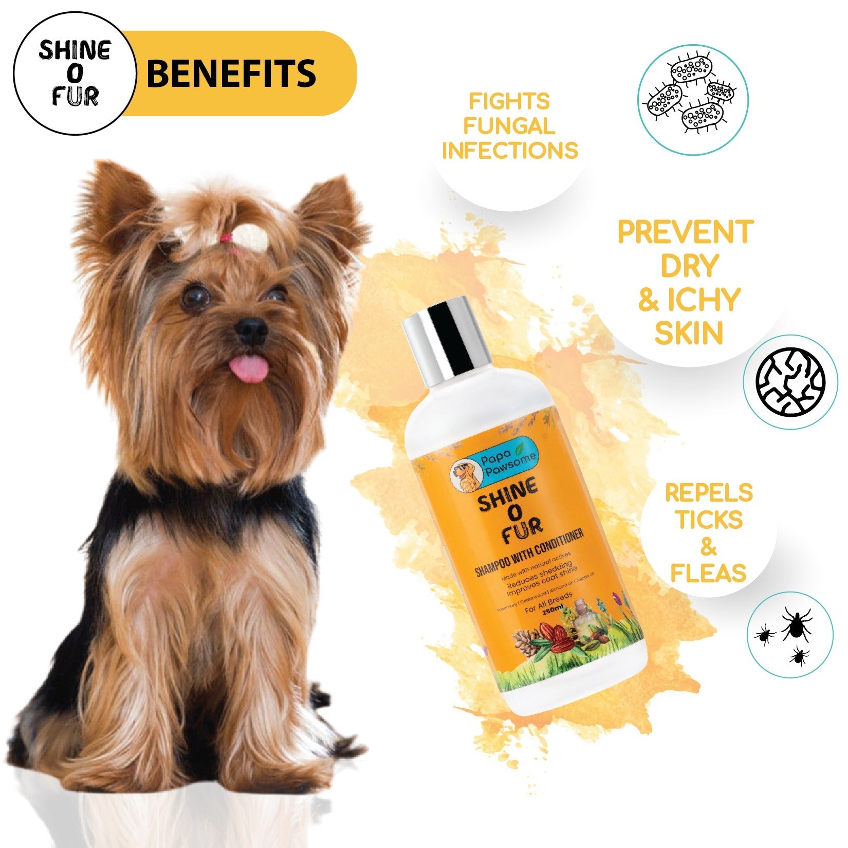 Benefits of pet shampoo: Fights fungal infection, prevents dry and itchy skin, repels ticks and fleas.