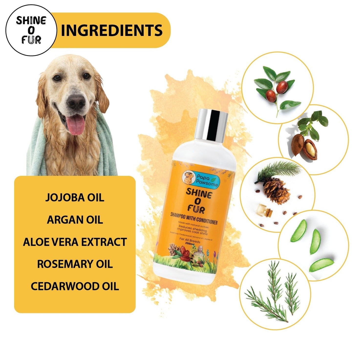 Close-up of pet shampoo ingredients: Aloe Extract, Calendula Extract, Neem Supercritical Extract, Tea Tree, and lemongrass.