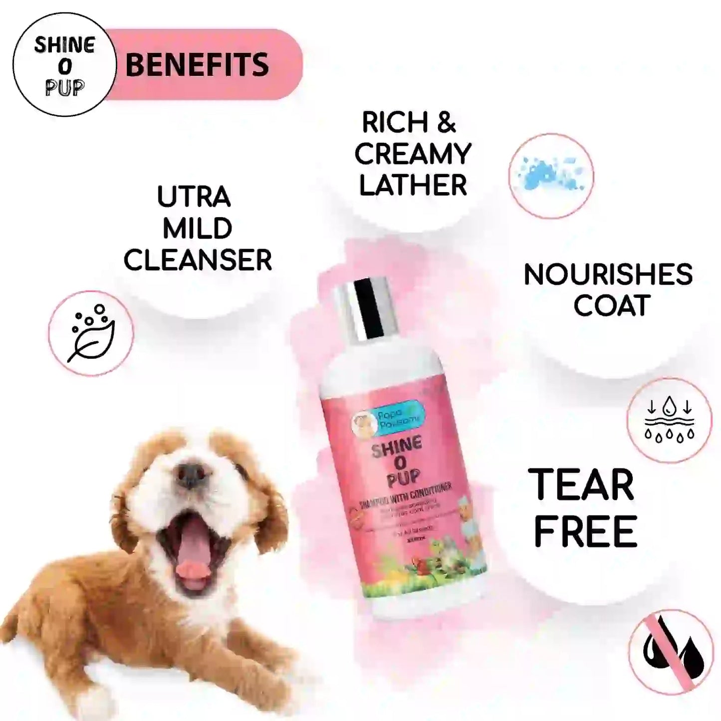 Benefits of this ultra-mild cleanser for puppies: Rich and creamy lather, nourishes the coat, tear-free formula