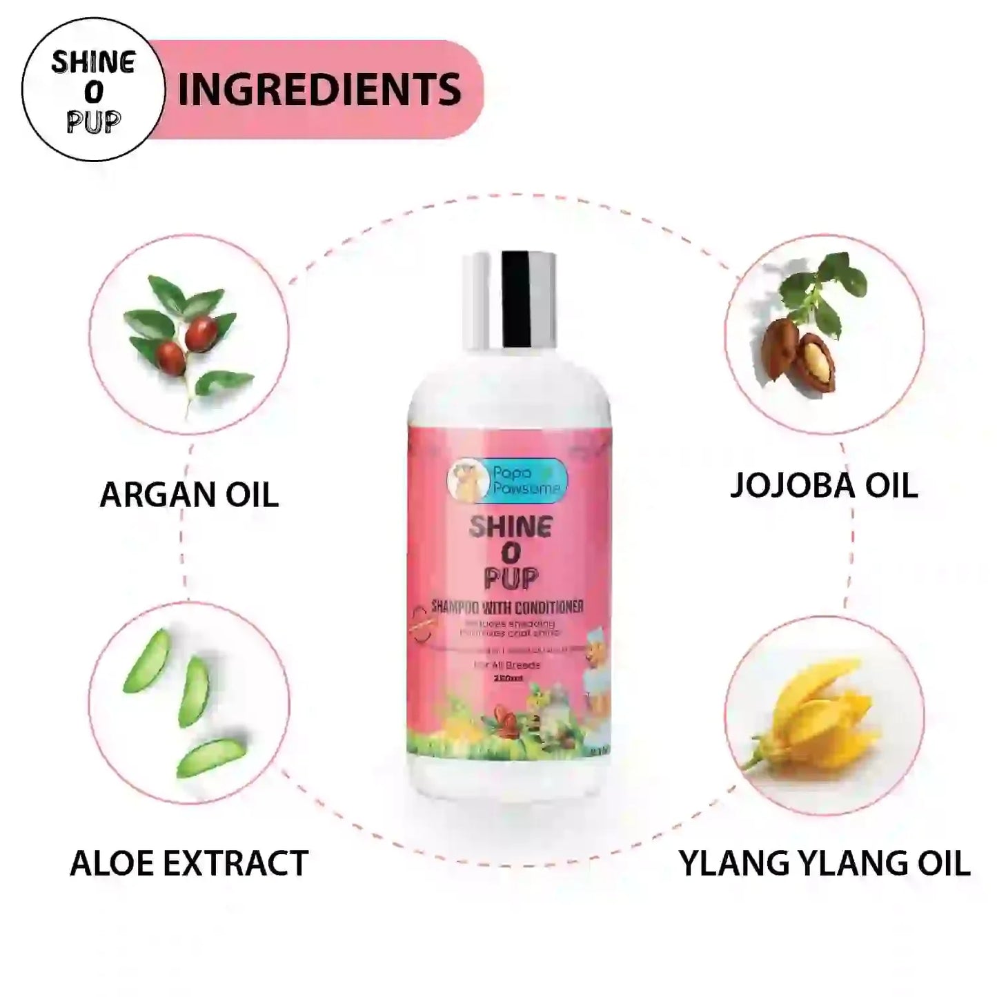 Close-up of pet shampoo ingredients: Jojoba Oil, Argan Oil, Aloe Extract, Purified Water, Ylang Ylang Essential Oil