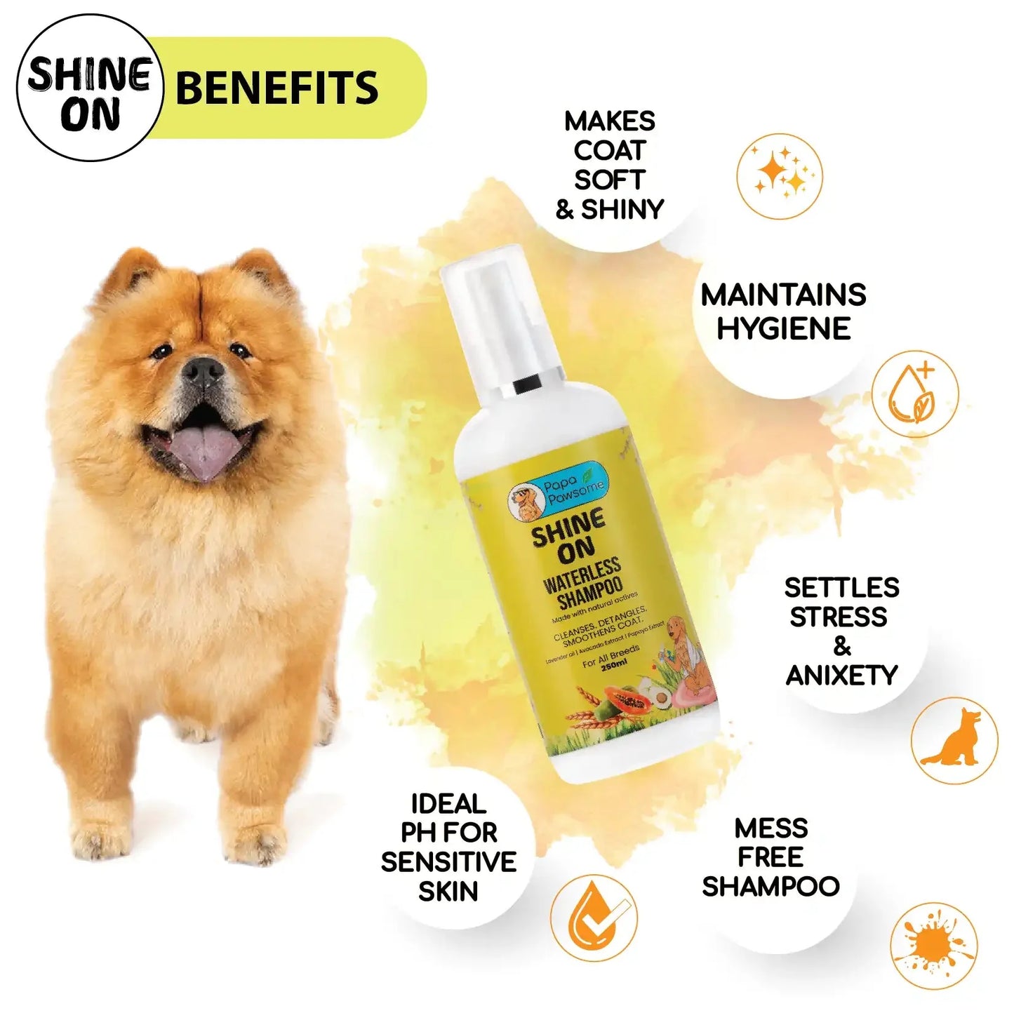 Benefits of dog waterless shampoo: makes coat soft and shiny, maintain hygiene, settles stress and anxiety, mess free shampoo, Ideal ph for sensitive skin