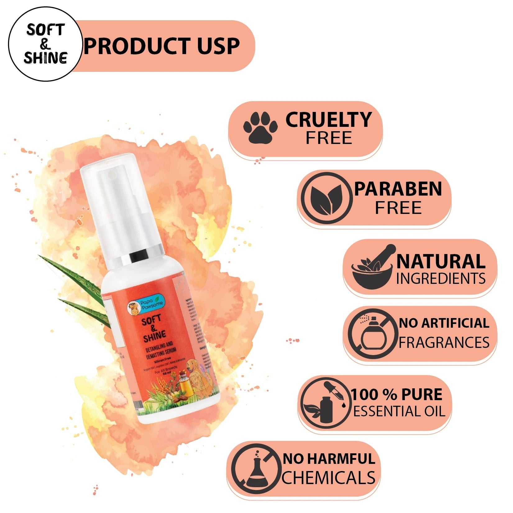 Cruelty-free, paraben-free, natural ingredients, no artificial fragrances, 100% pure essential oils, no harmful chemicals