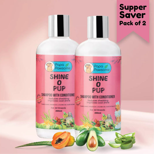 pet shampoo bottles pack of two super saver pack with Jojoba Oil, Argan Oil, Aloe Extract, Purified Water, and Ylang Ylang Essential Oil ingredients