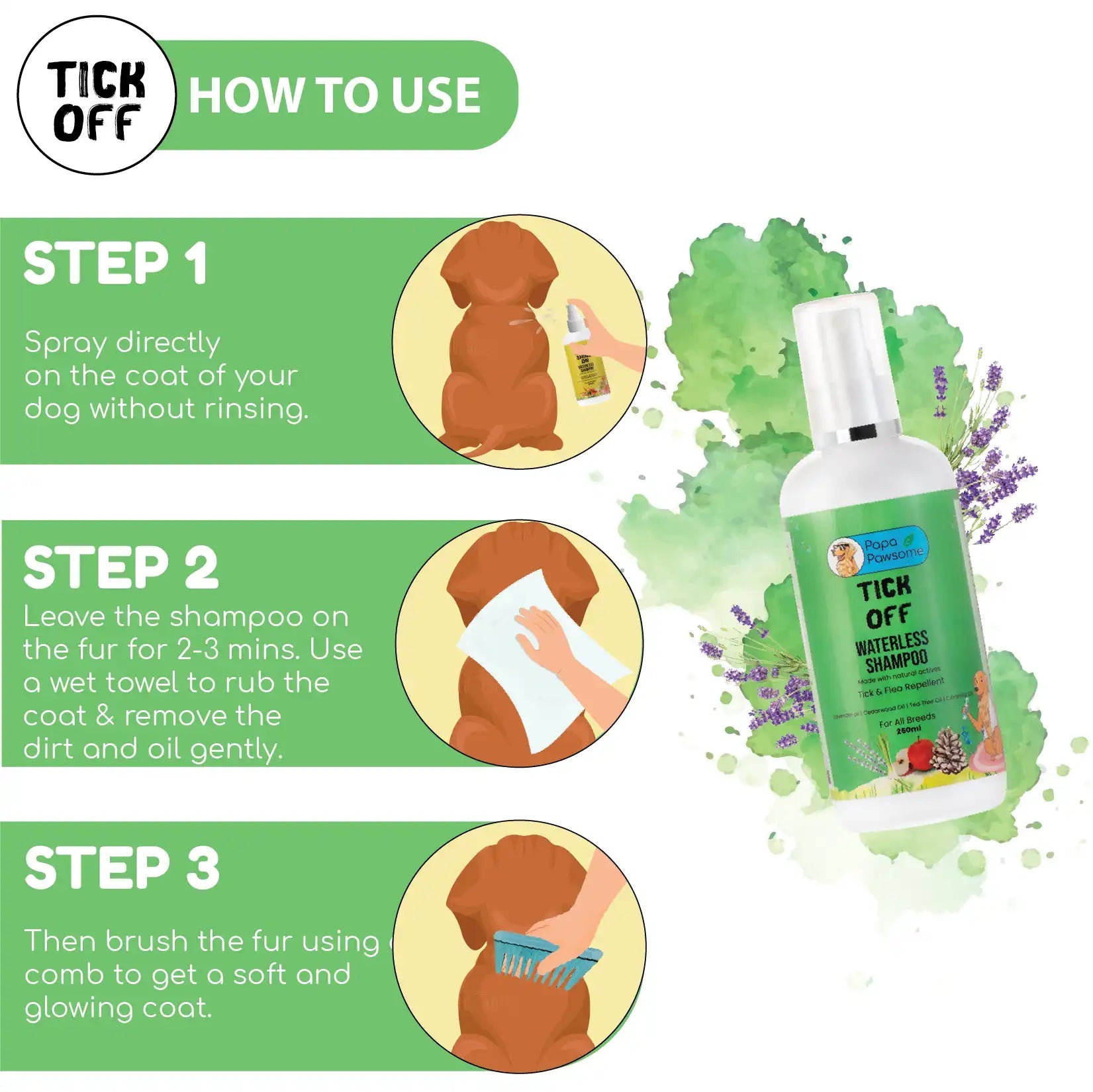 Application instructions for dog waterless shampoo: Spray directly on the coat, Leave on for 2-3 minutes, use a damp towel to remove dirt and oil gently