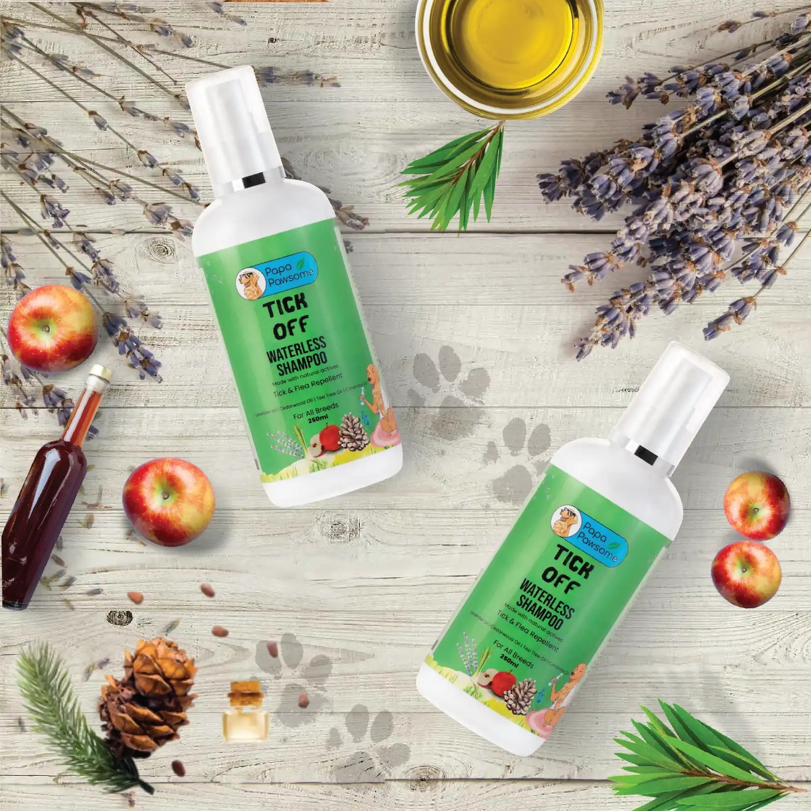 Dog waterless shampoo bottle with all-natural ingredients including Tea Tree Oil, Citronella Oil, Apple Cider Vinegar, Cedarwood, and Lavender Oil