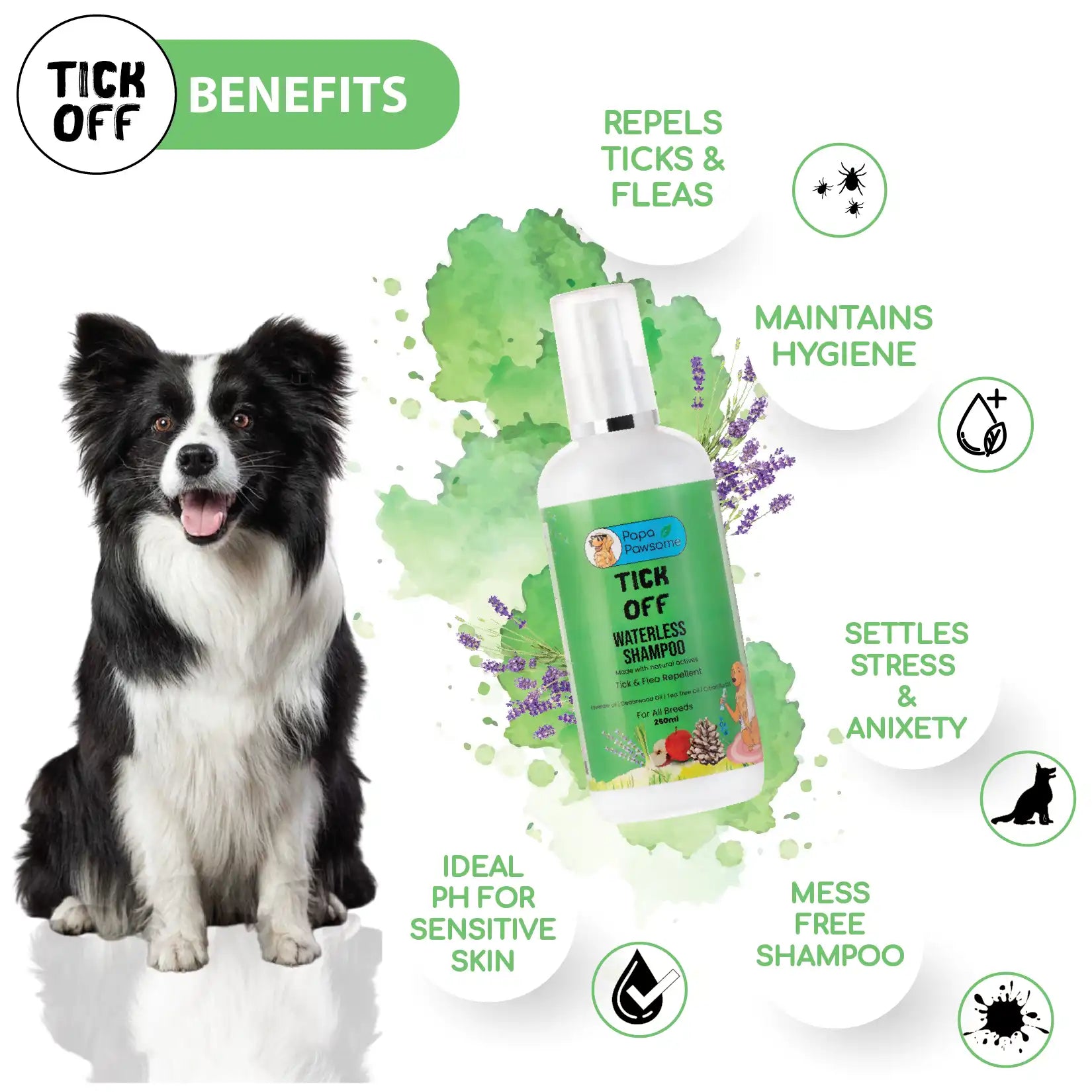 Benefits of dog waterless shampoo: repelling ticks and fleas, maintaining hygiene, settling stress and anxiety, mess-free shampoo, and ideal pH for sensitive skin