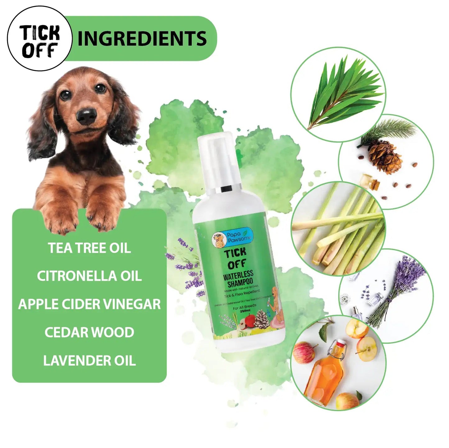 Key ingredients: Tea Tree Oil, Citronella Oil, Apple Cider Vinegar, Cedarwood, Lavender Oil