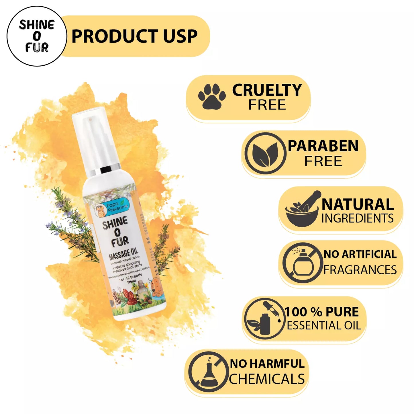 Our dog coat oil is cruelty-free, paraben-free, made with natural ingredients, no artificial fragrances, 100% pure essential oils, and free from harmful chemicals