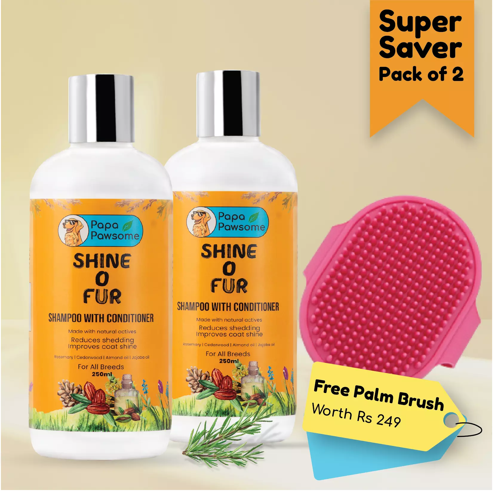 shampoo bottles pack of two super saver pack with free palm brush worth rs 249 with Jojoba Oil, Argan Oil, Aloe Vera Extract, Rosemary Essential Oil, and Cedarwood Essential Oil.