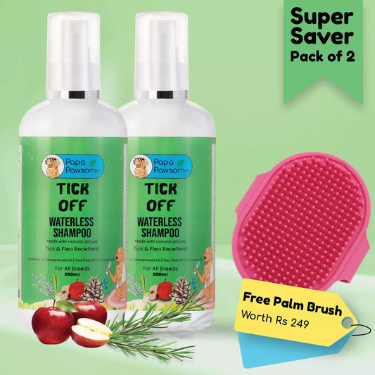 Dog waterless shampoo bottles pack of two super saver pack with a free Palm Brush worth rs 249 and ingredients Tea Tree Oil, Citronella Oil, Apple Cider Vinegar, Cedarwood, Lavender Oil 